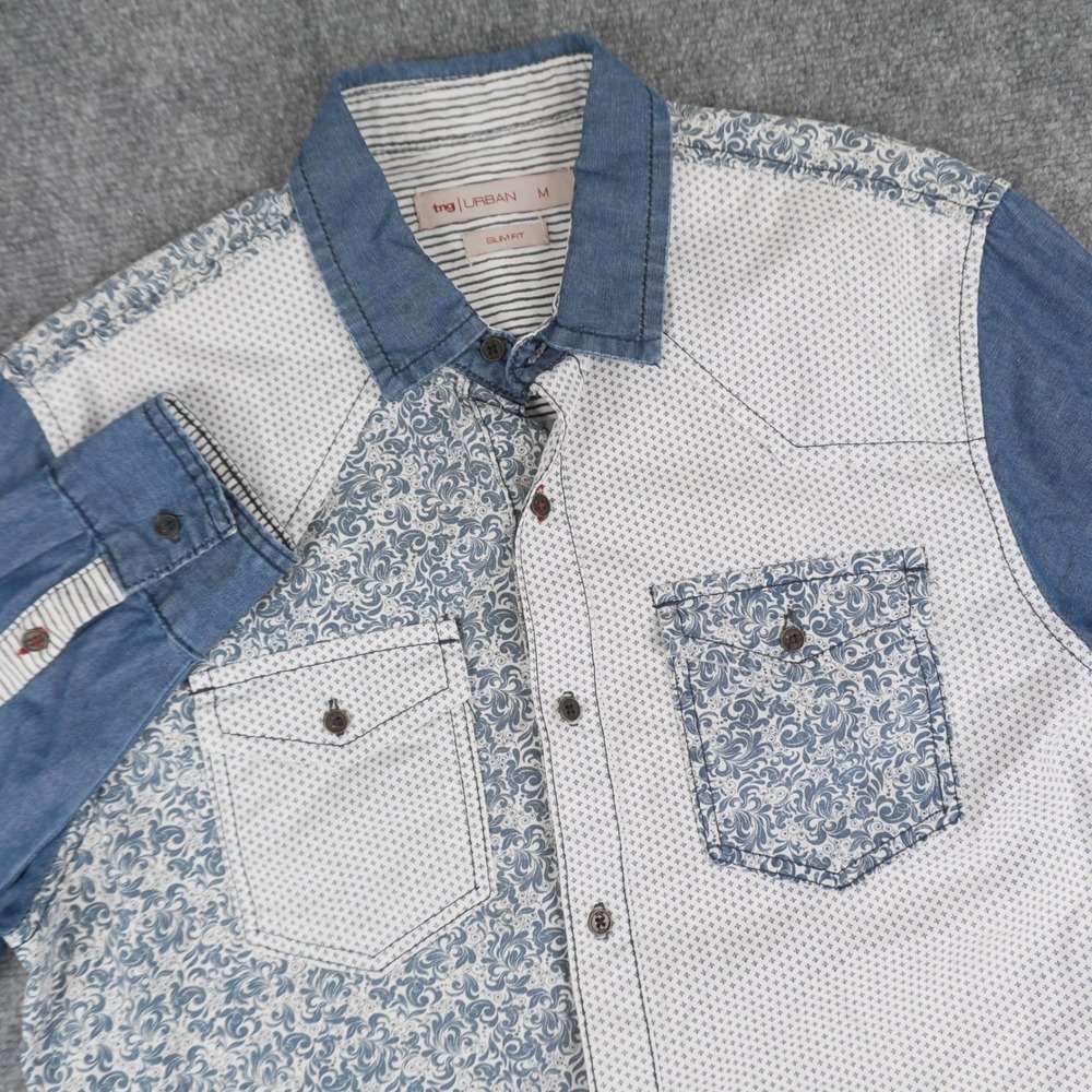 tng URBAN Button Up Shirt Mens Medium Blue White Mixed Print Paisley Slim Fit